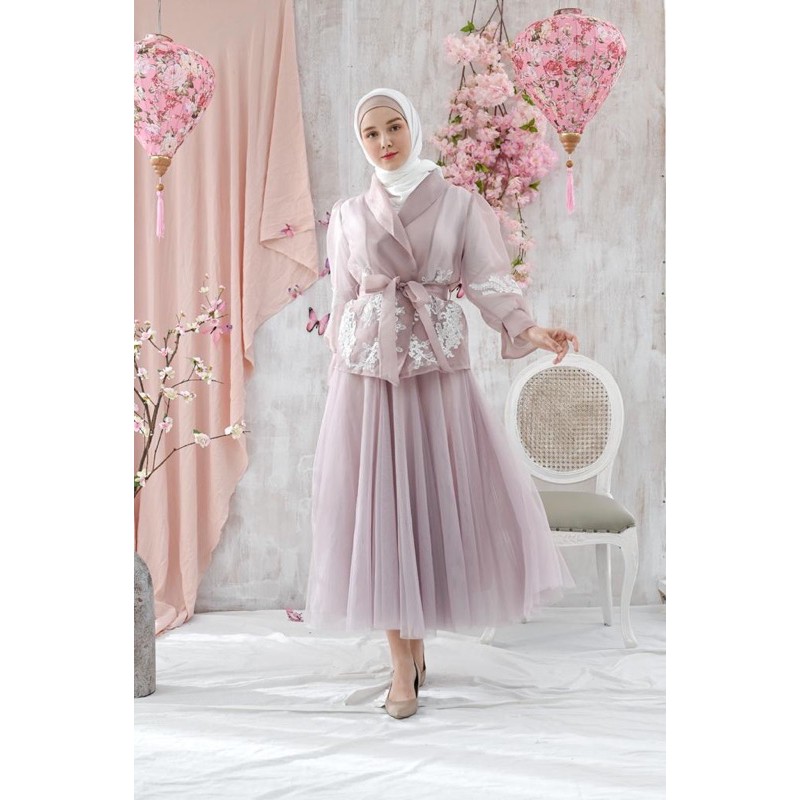 SETELAN TUTU ORGANZA BROKAT LEBARAN/ VIVORIE KOREAN STYLE LILAC/DRESS PESTA LARIS KEKINIAN/