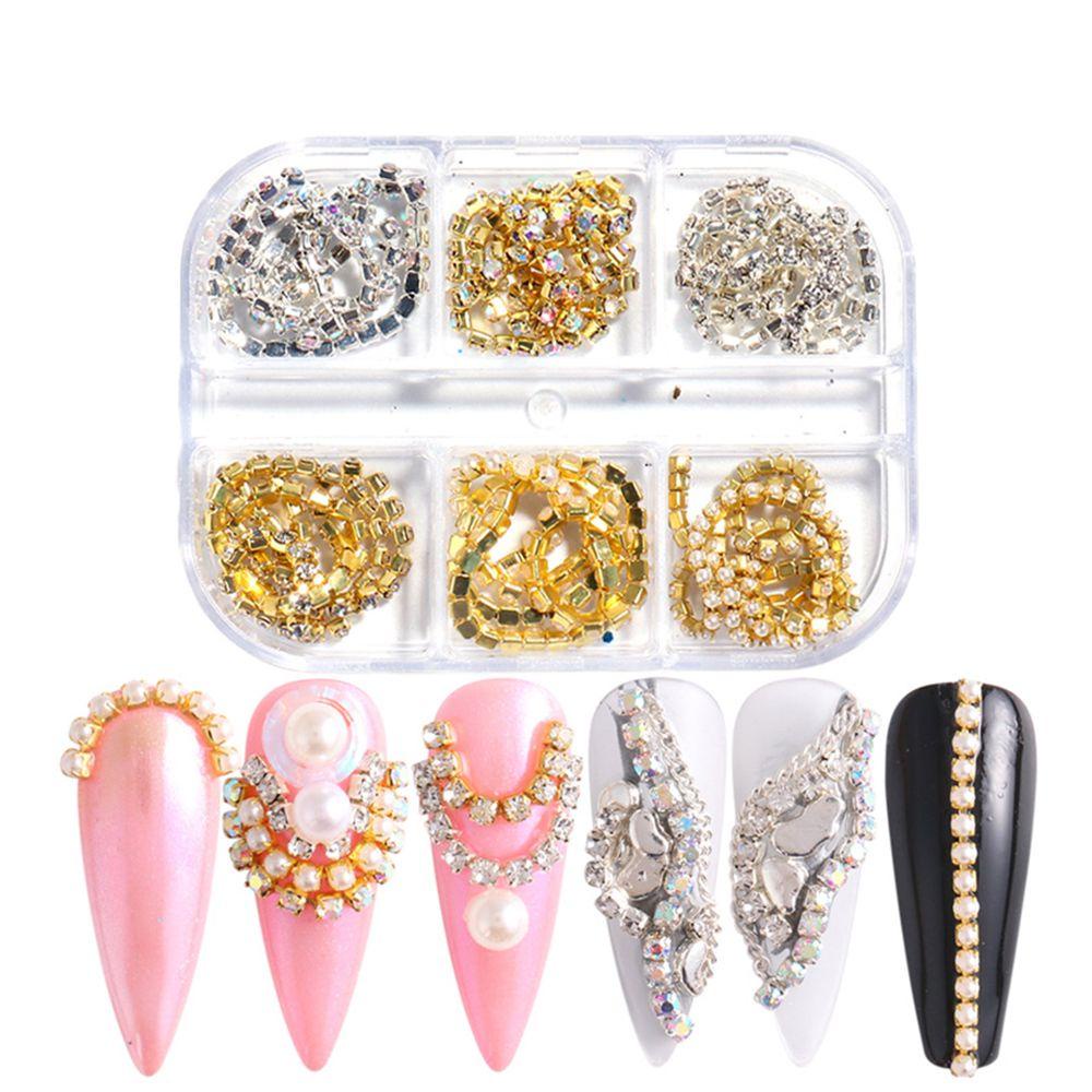 MXBEAUTY Rantai Logam Kuku Rhinestones Pesona 6kisi /set Emas Hiasan Kuku 3D Aksesoris Kuku Manicure Pearl Chain Nail Jewelry