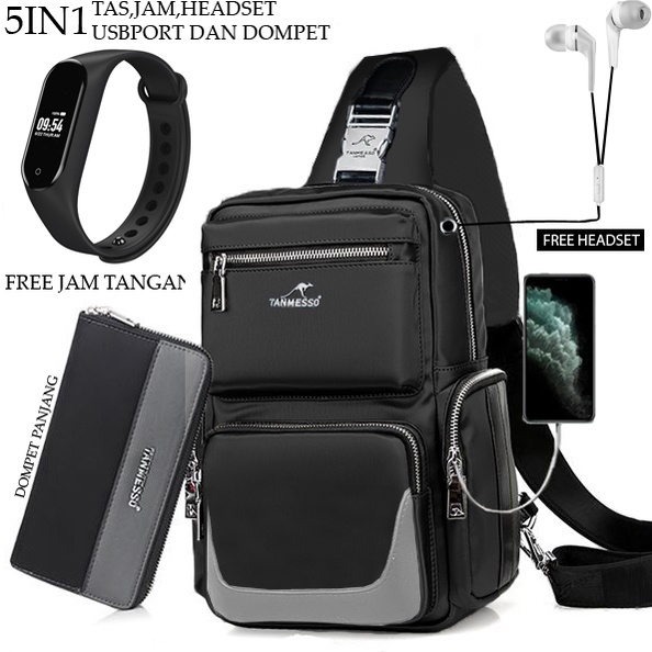 TANMESSO 5IN1 BAYAR DITEMPAT-BONUS JAM LED,DOMPET &amp; USBPORT&amp;HEADSET-tas selempang waterproof