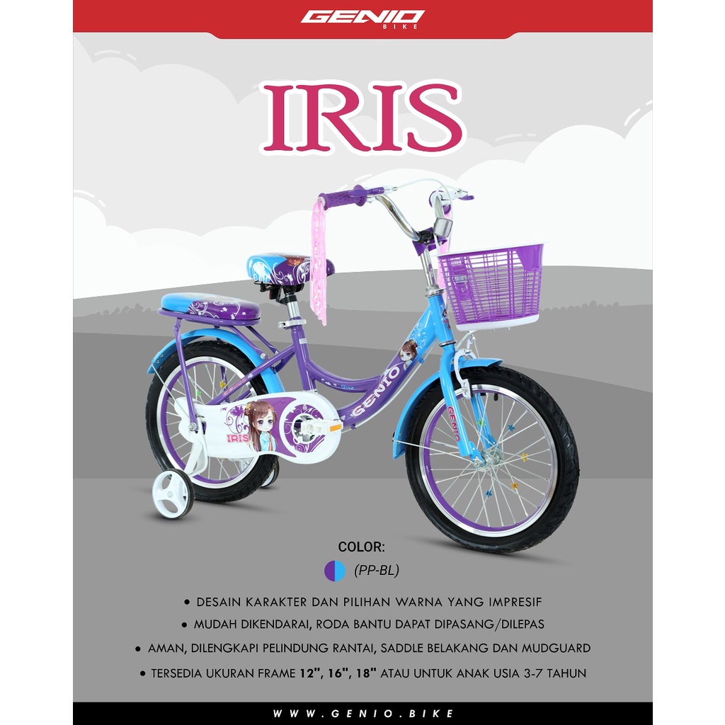 Sepeda Anak Cewek Mini Genio Iris 12 16 inch Keranjang Boncengan SNI-Purple Blue