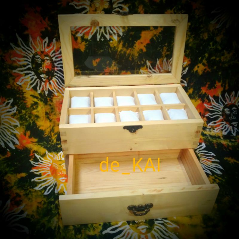 kotak jam tangan kayu isi 10 mix laci / box jam tangan kayu jati belanda 10 slot plus laci / wooden 