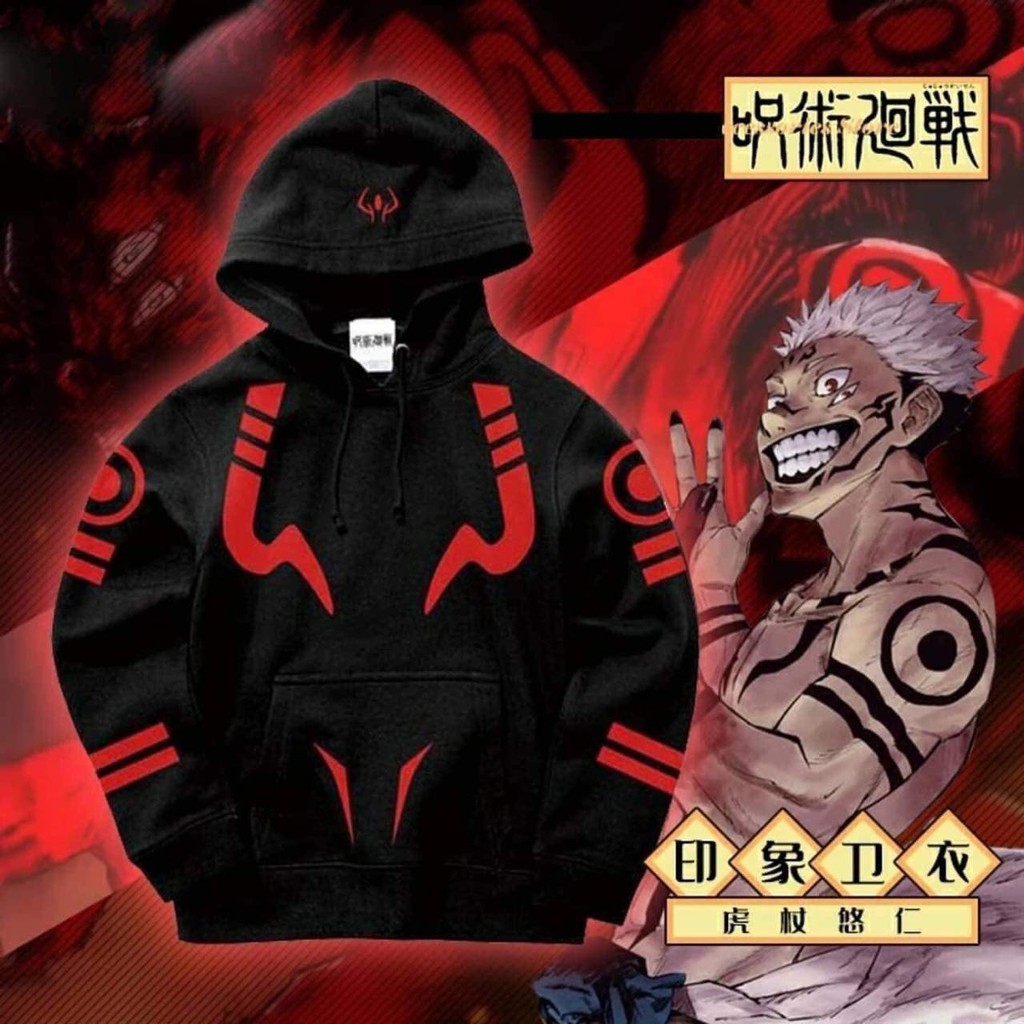 Hoodie Fleece Cosplay Sukuna Tattoo Cosplay Black Bahan Tebal Mantap Jujutsu Kaisen