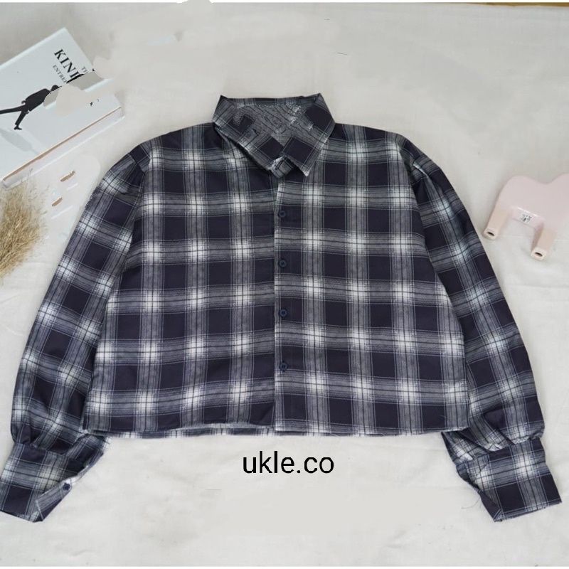 Emma top tartan / kemeja crop Tartan / kemeja kotak crop-OVERSIZE L (N)