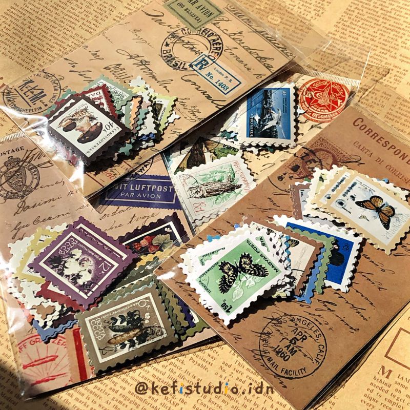 

kefistudio 46pcs Postcard Stamp Vintage Stickers | Sticker perangko Decorative Scrapbooking