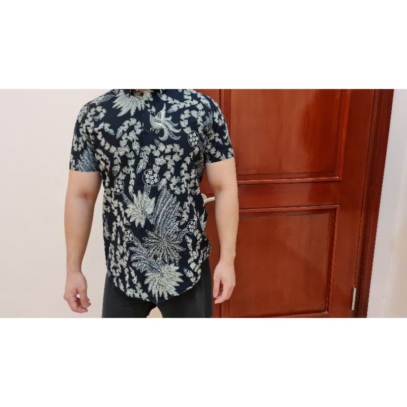 Kemeja Batik Hitam Abu Furing Corak Burung Cap Cabut Formal Casual