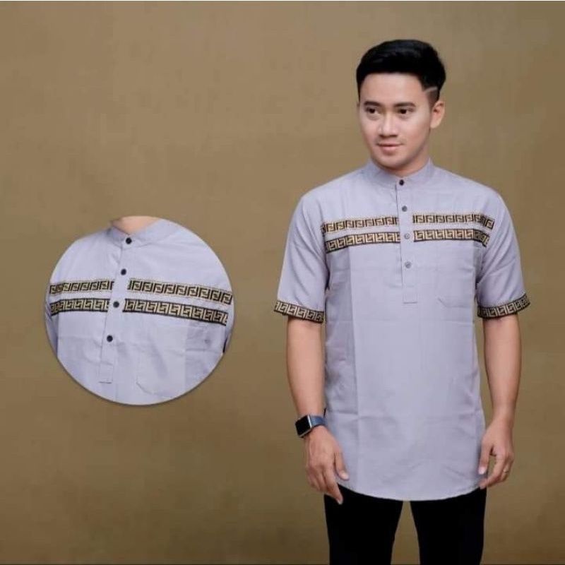 Baju Koko Pria Dewasa Lengan Pendek Kombinasi Bordir Motif Rantai Warna Putih