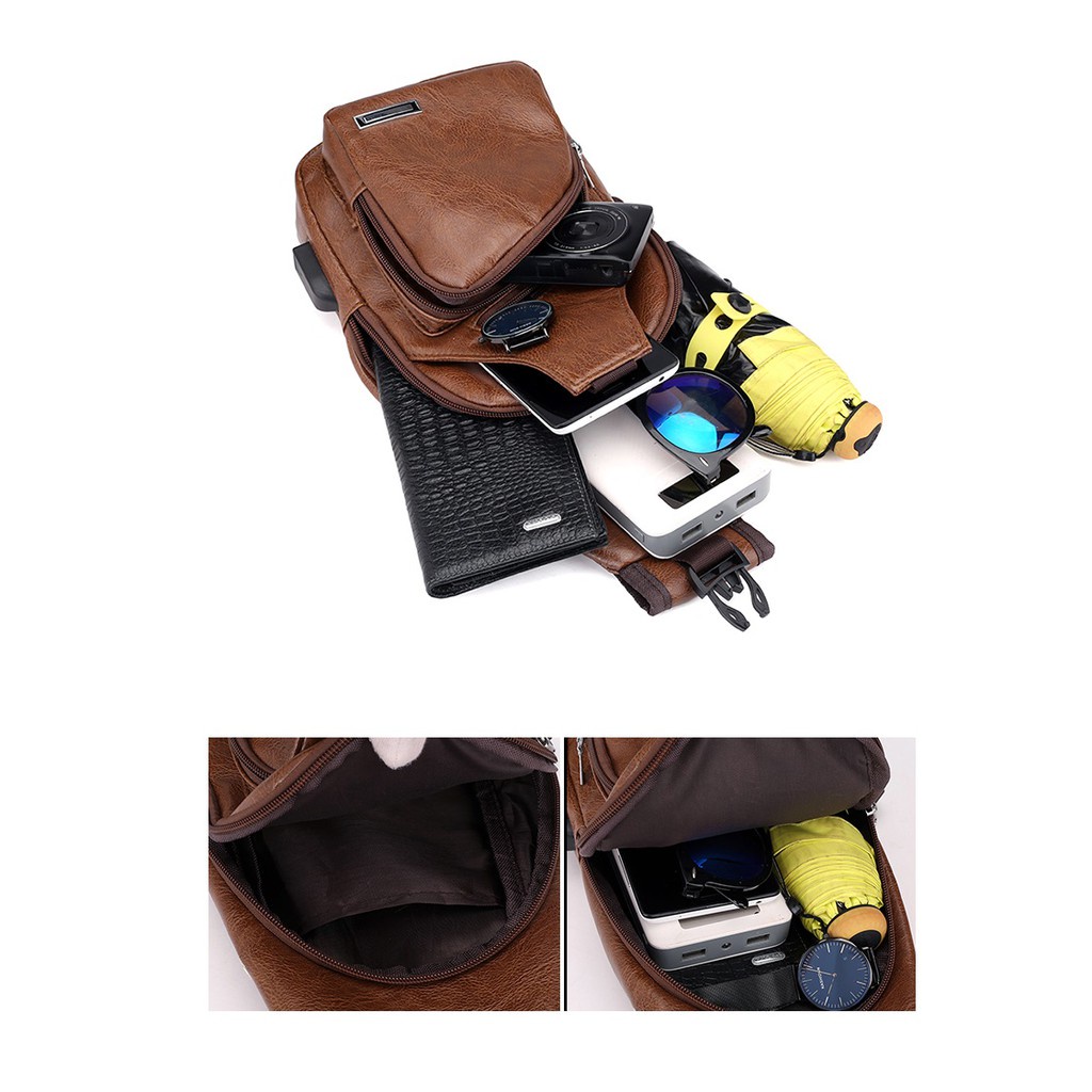 Civeto TS95 Tas Selempang usb Pria Sling Bag Kulit PU USB Port