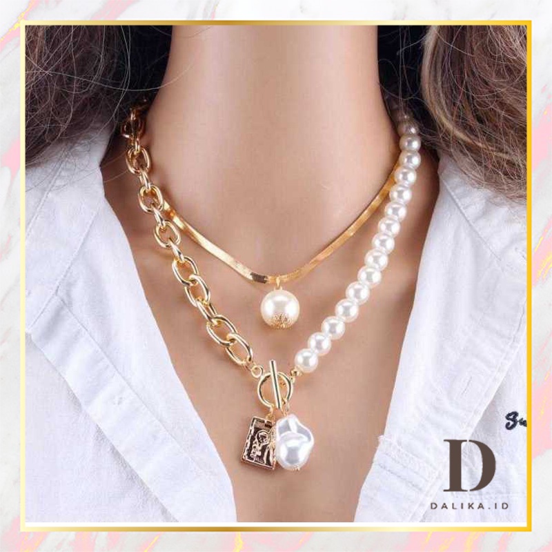 Kalung Mutiara Rantai Multilayer Double Layer Rantai Pipih dengan Liontin Bandul Mutiara Dalika