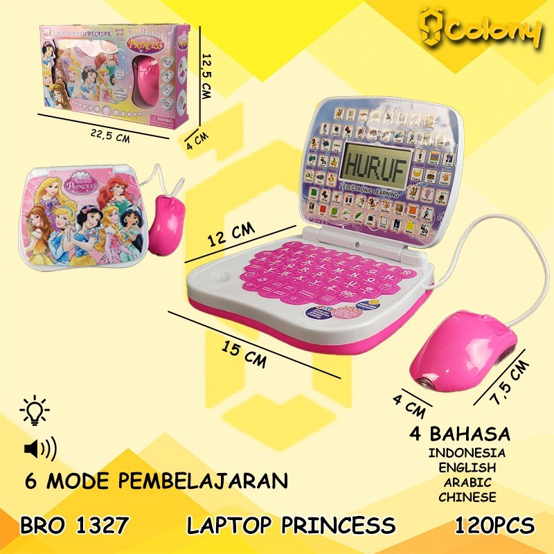 Mainan laptop Princess / Hello kitty edukasi alat bantu belajar 4 bahasa LED mouse
