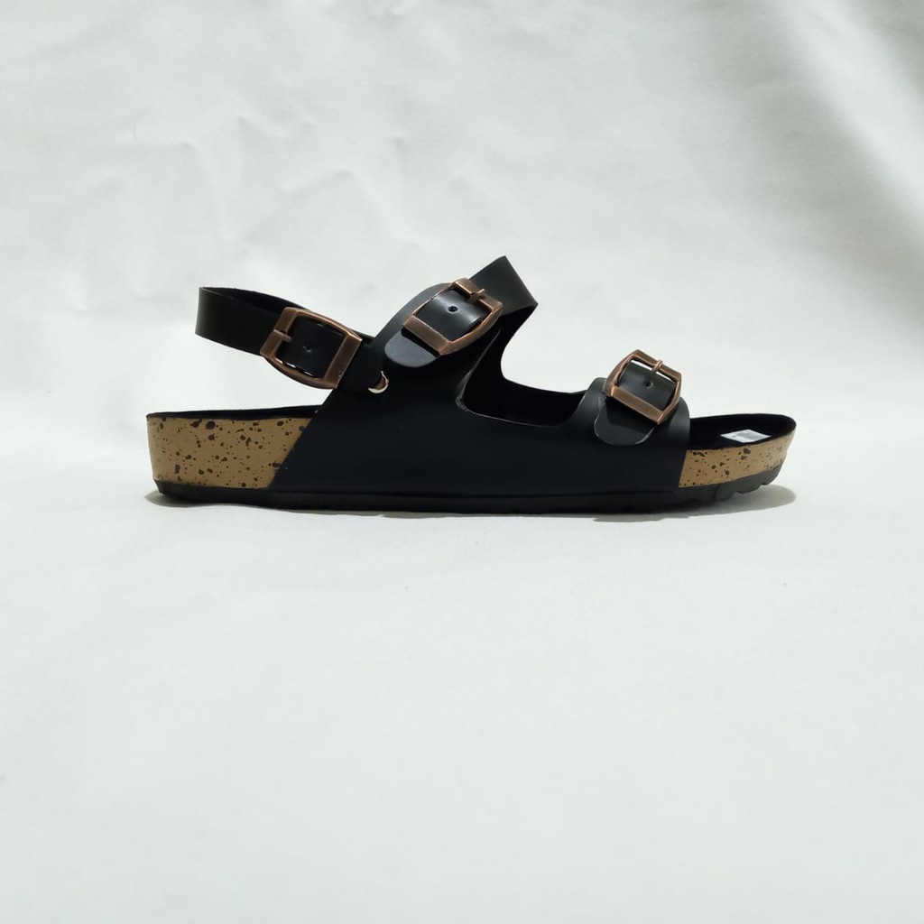 Sandal Flat Wanita Birken Model Tali Slingback On Black ( Alesa - Series )