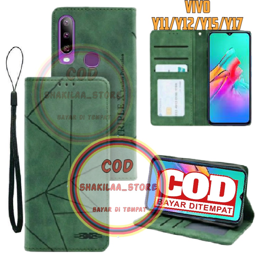 VIVO Y11/Y12/Y15/Y17 Leather Flip Case Magnet Motiv Garis Sarung Hp Buka Tutup