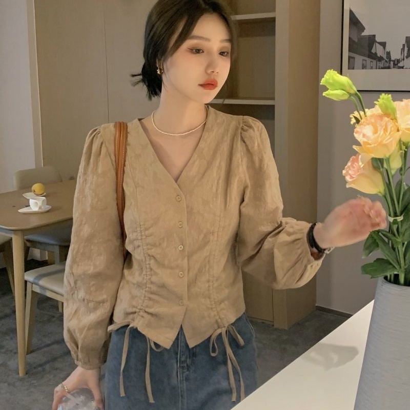 MOOGU ♡ Kemeja wanita blus leher v serut korea shirt