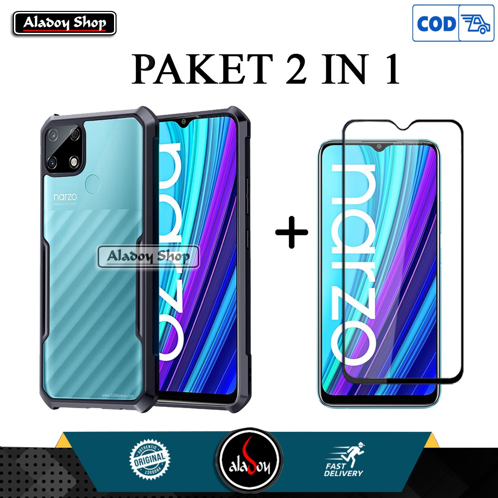 Case Realme Narzo 30A Armor Sshockproof Trasnparent Casing + Tempered Glass Full Layar