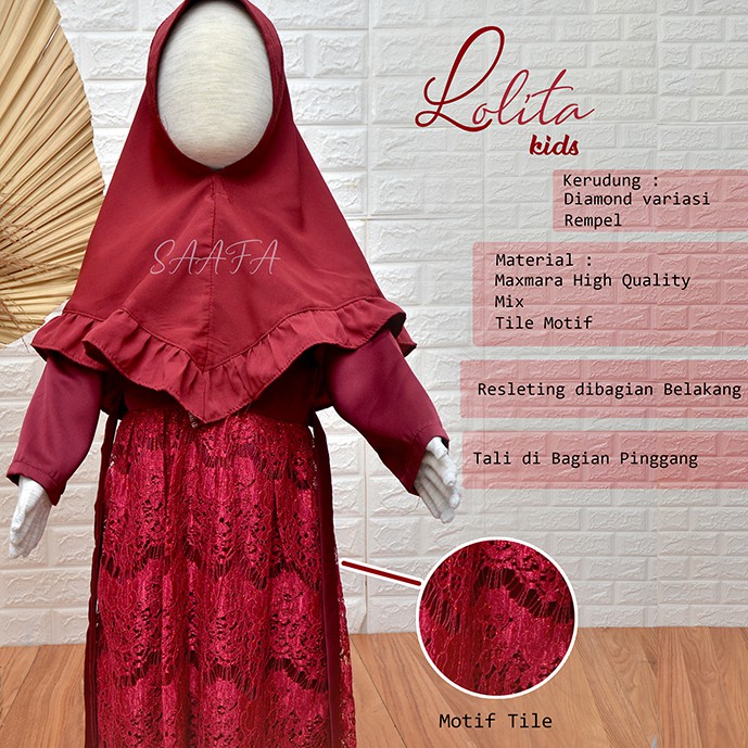 Gamis anak brokat kombinasi polos saafa usia 2-3 tahun