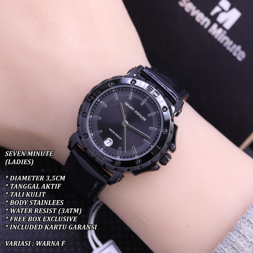 (FREE BOX) JAM TANGAN WANITASEVEN MINUTE FASHION TALI KULIT BODY BULAT TANGGAL AKTIF