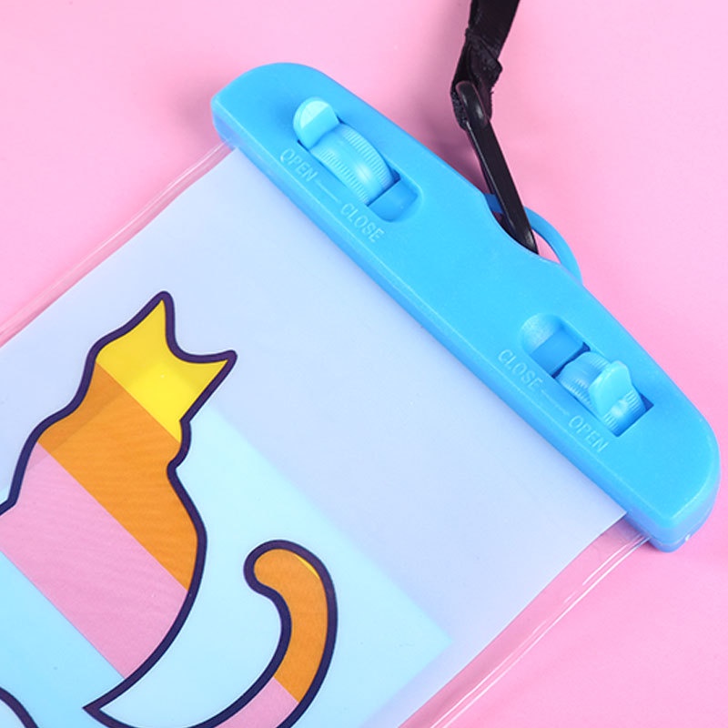 Tas Pouch Handphone Universal Bahan PVC Transparan Anti Air Motif Kartun Dengan Strap Leher
