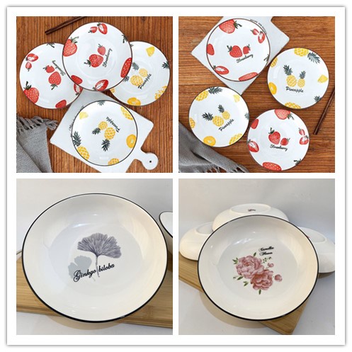 Piring Keramik Korea Motif Nanas/Strawberry/Pohon/Bunga Rose Pink Variasi 20cm-2