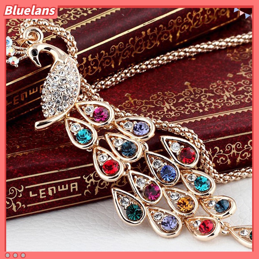 Bluelans Fashion Women Multi-color Long Peacock Rhinestone Wedding Sweater Necklace