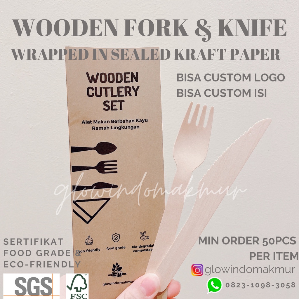 SET Garpu Kayu 16cm + Pisau Kayu 16.5cm Cover Kraft Paper SEALED Tertutup Rapat HIGIENIS