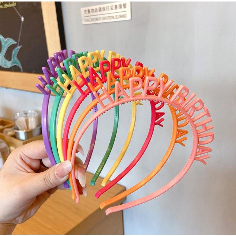 Bando Happy Birthday Warna Warni 1PC GROSIR PRAKARYA MALANG Headband Plastik Aksesoris Fashion Accessories Rambut Hias Hiasan Wanita Perempuan Cewek Perlengkapan Fashion Plastic Black Lentur Elastis Hair Ornament Kecantikan Beauty Salon Hairdo