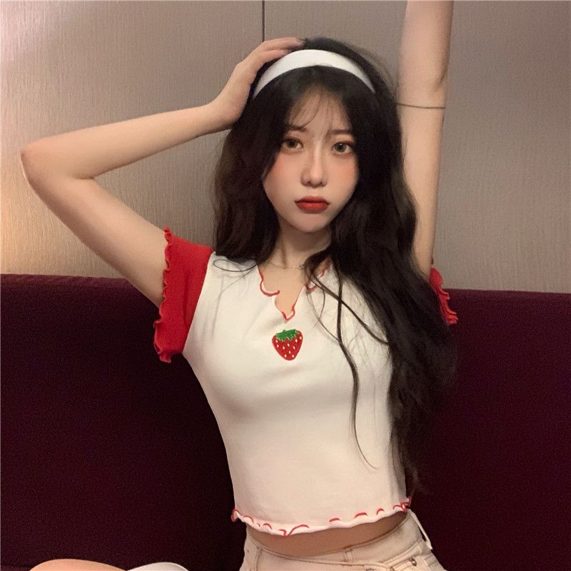 Kecil V-neck T-shirt chic perempuan musim panas pakaian luar bersih merah mschf Hong Kong rasa lengan pendek paragraf pendek Hyun Ya angin strawberry top