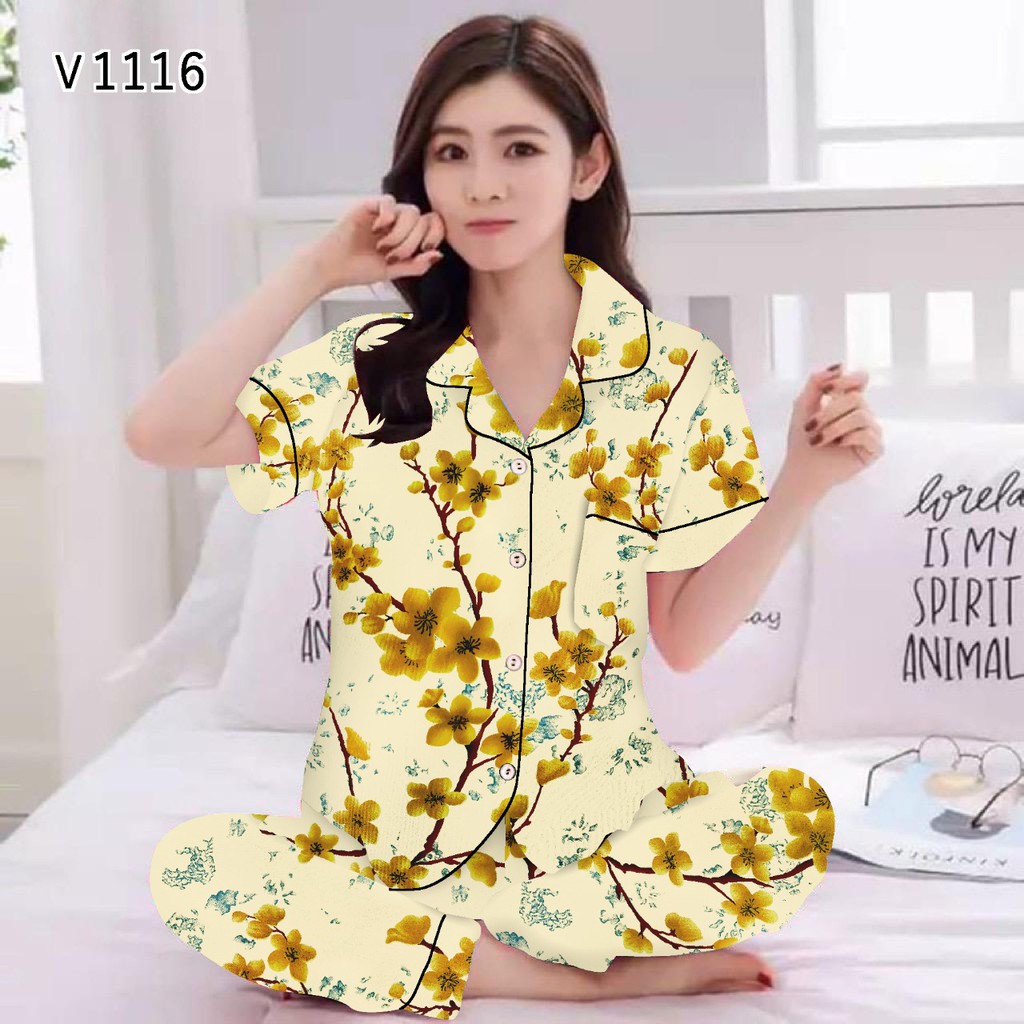 JNV Piyama CP Wanita Motif Karakter Kartun 04 - Baju Tidur Lengan Pendek - Bahan Katun-Sakura Kuning