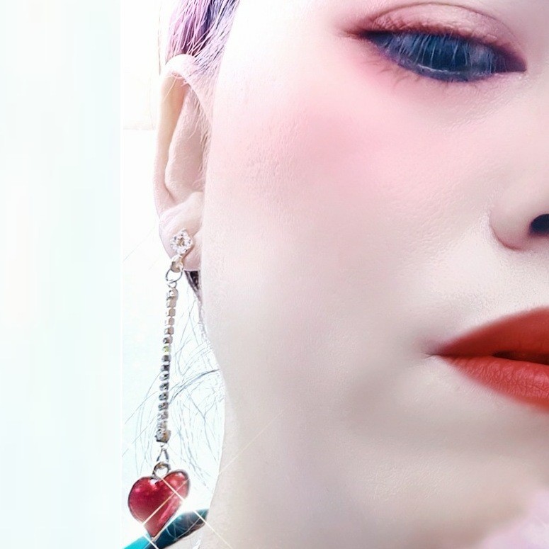 Anting Tusuk Panjang Shiny Diamond and Red Gemstone Love Pearl Earrings