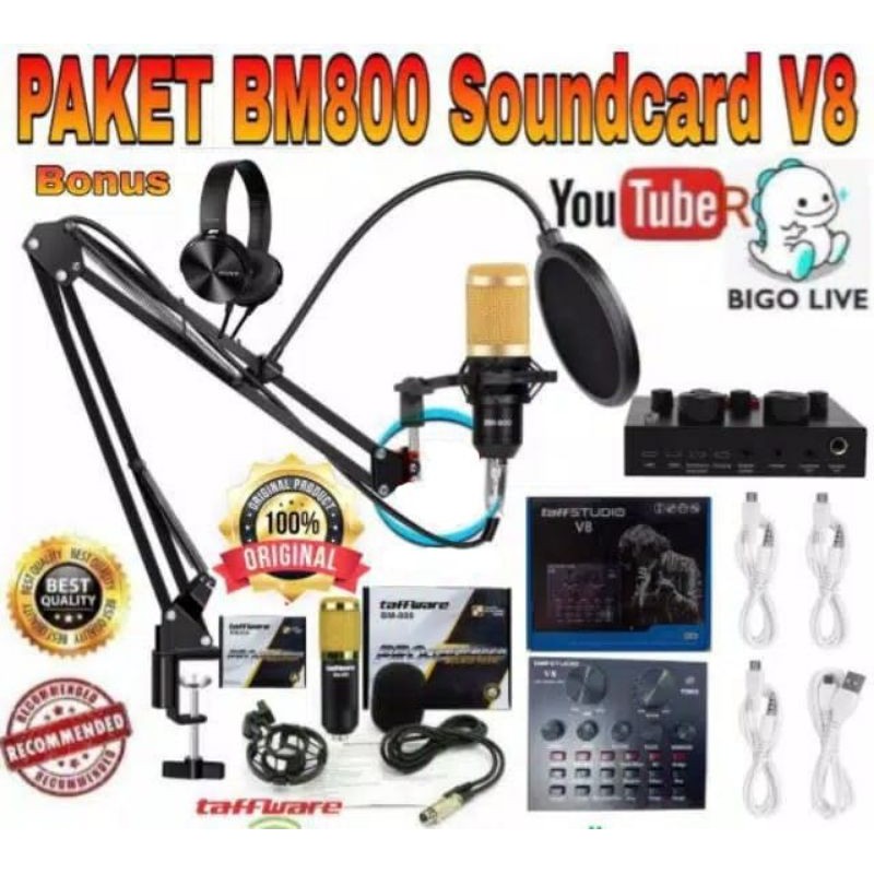 PAKET KOMPLIT MIC BM800 Sound Card V8 Mixer V8 Stand Mic Pop Filter