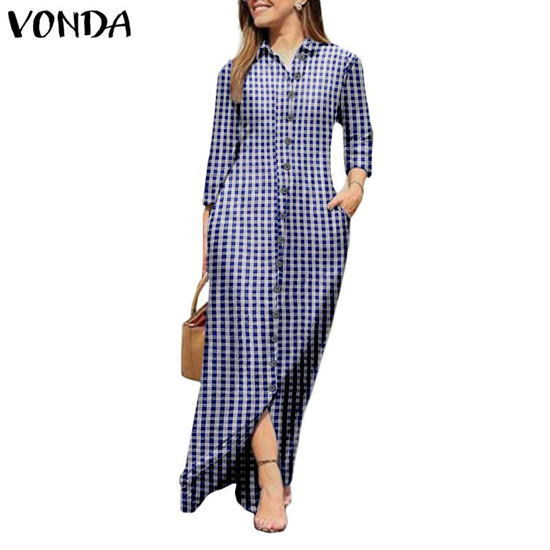 Vonda Women Casual Long Sleeve Plaid Lapel Collar Button Up Long Maxi Dress