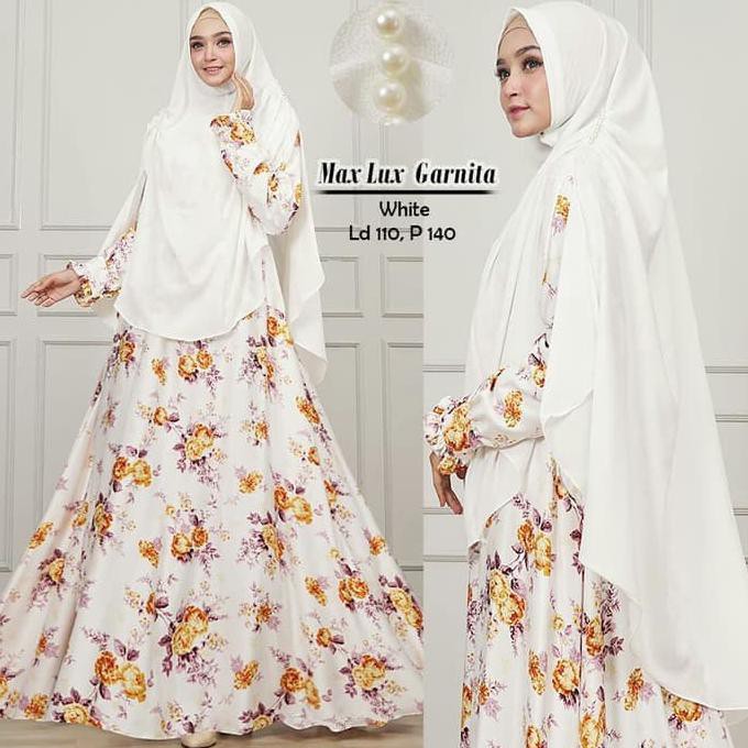 BAJU GAMIS SYARI SYARII MUSLIM GARNITA PUTIH BONUS KHIMAR