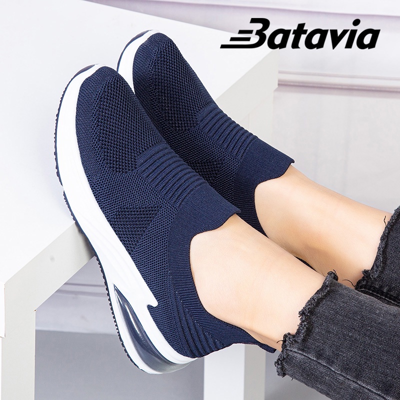 Batavia 2023 sepatu kanvas wanita rajut sepatu wanita  sepatu tanpa tali hitam Sepatu Wanita Sport Women Sneakers A115 gray hitam