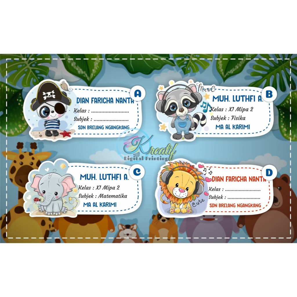 

Stiker nama sampul buku Tulis Tema Binatang Kartun Lucu, Cute Animal