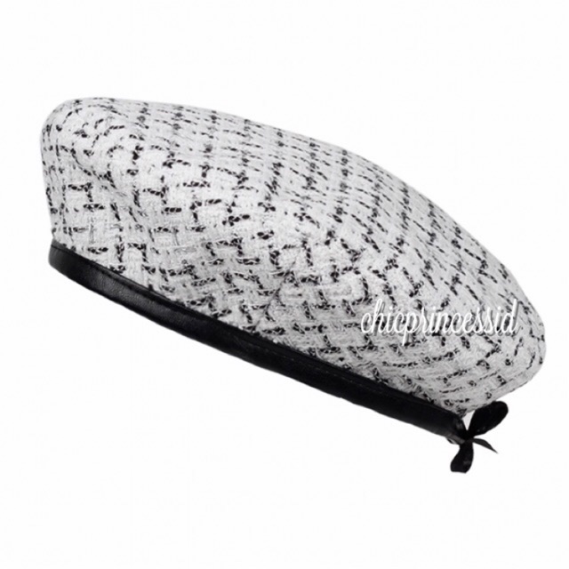 Beret chanel Topi beret bordir embroidered beret baret baretta motif pattern white putih