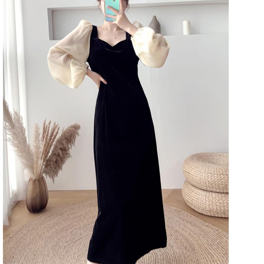 Dress Hitam Import Enzisme hitam Korean Dress Lengan Panjang Black Dress Pesta Kondangan Korean Styl