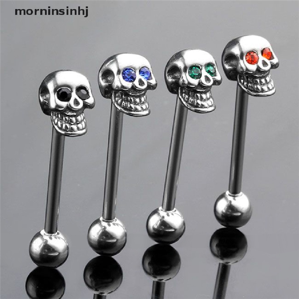 Mornin 14g Anting Tindik Lidah Bentuk Tengkorak Bahan Stainless Steel