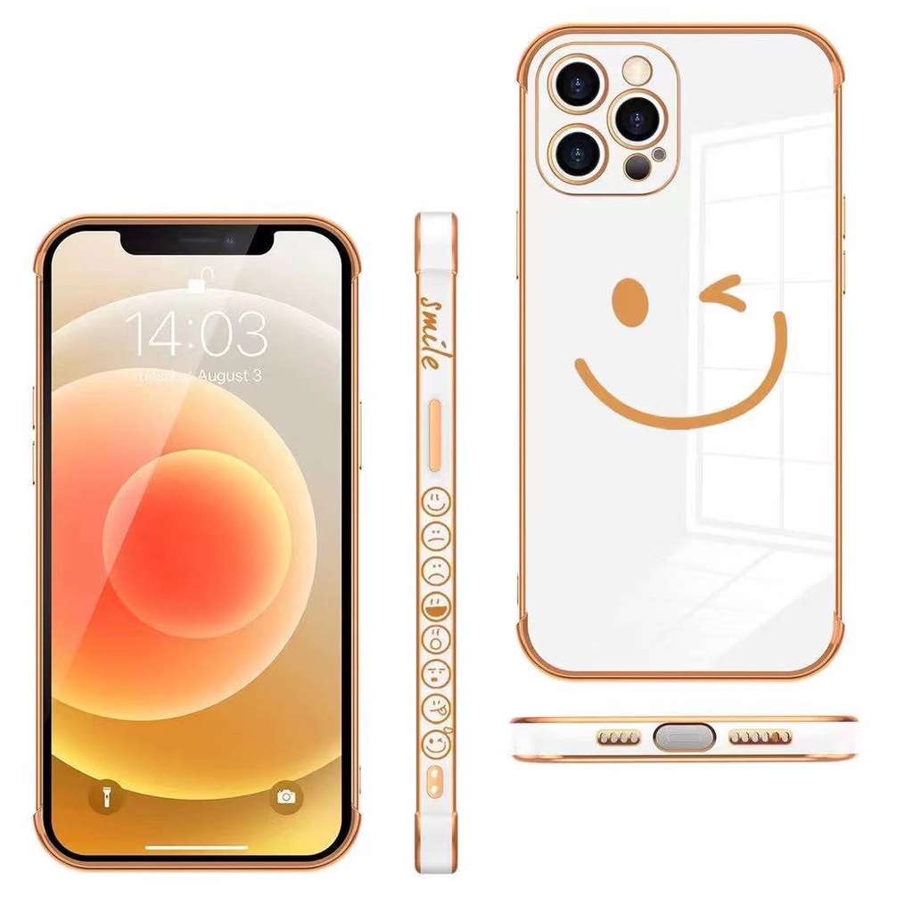 Soft Case Pelindung Motif Wajah Tersenyum Dengan Tali Tangan Electroplating Untuk Iphone 13 12 11 Pro Max X Xs 7 8 Plus Xr
