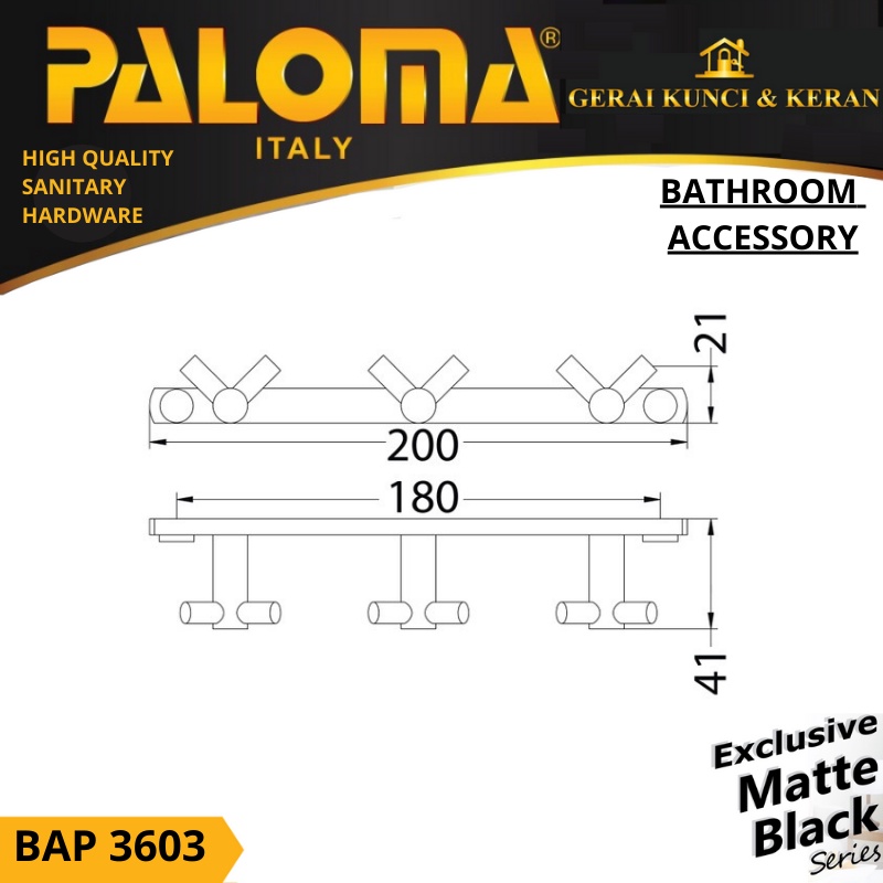 PALOMA BAP 3603 Kapstok Gantungan Baju Handuk Rak Hanger Mandi 6 Kait Hitam Black