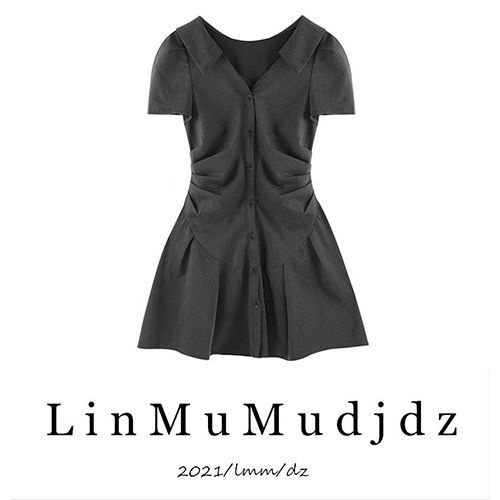 skibyTannin abu-abu lipit rok kemeja lengan engah v-neck desain gaun rok pendek musim panas wanita