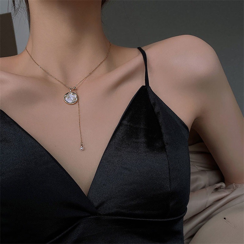 Kalung Rantai Klavikula Hias Liontin Mutiara Gaya Simple