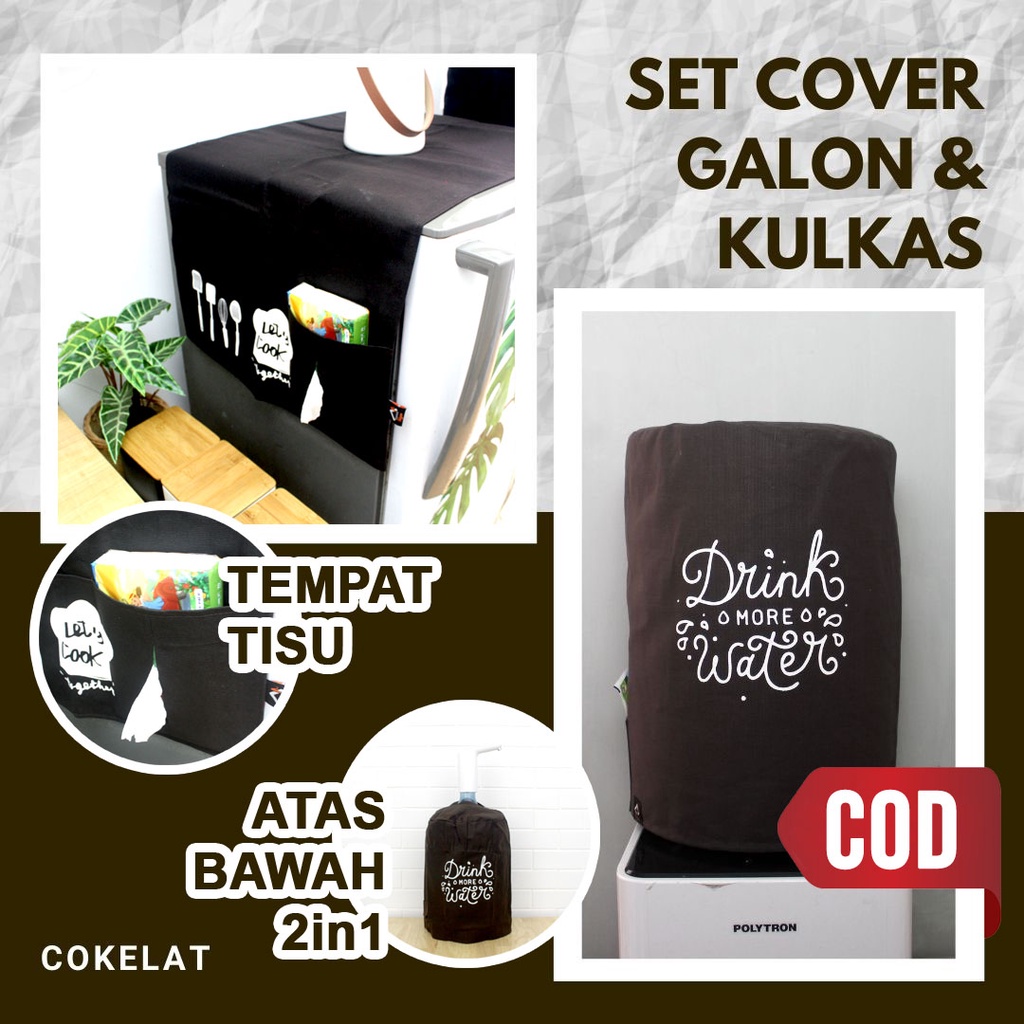 PAKET LEBIH MURAH - Cover Galon &amp; Cover Kulkas Warna Coklat (Paket Polos-08)