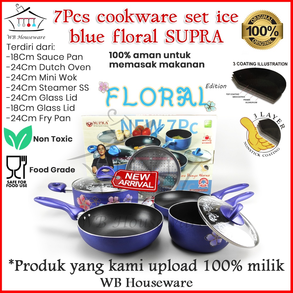 panci set supra anti lengket / 7pcs cookware set supra ice floral blue / wajan penggorengan