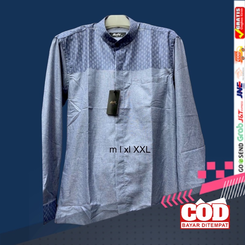 Kemko Harley warna biru denim tangan panjang Kemeja Koko pria lengan panjang KEMKO HARLEY baju koko 