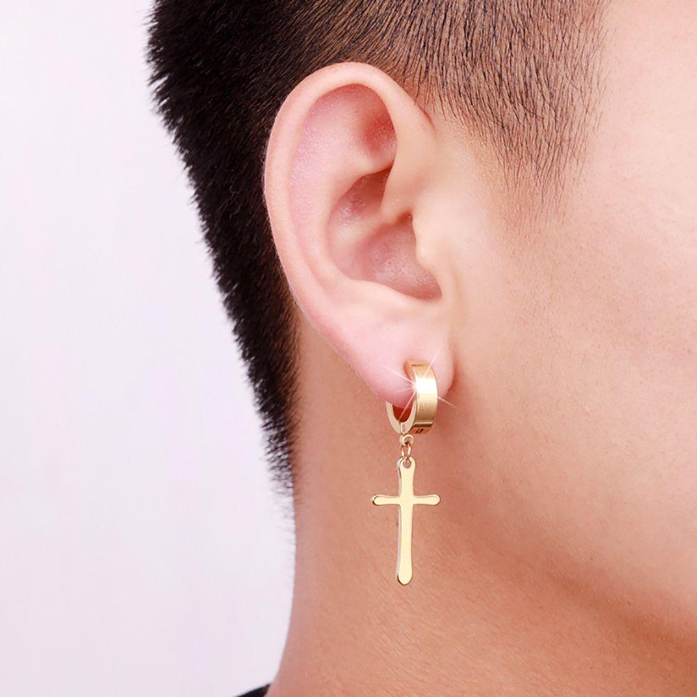 Needway Anting Klip Salib Keren Sederhana Wanita Hadiah Stainless Steel Elegan Anting Tanpa Tindik