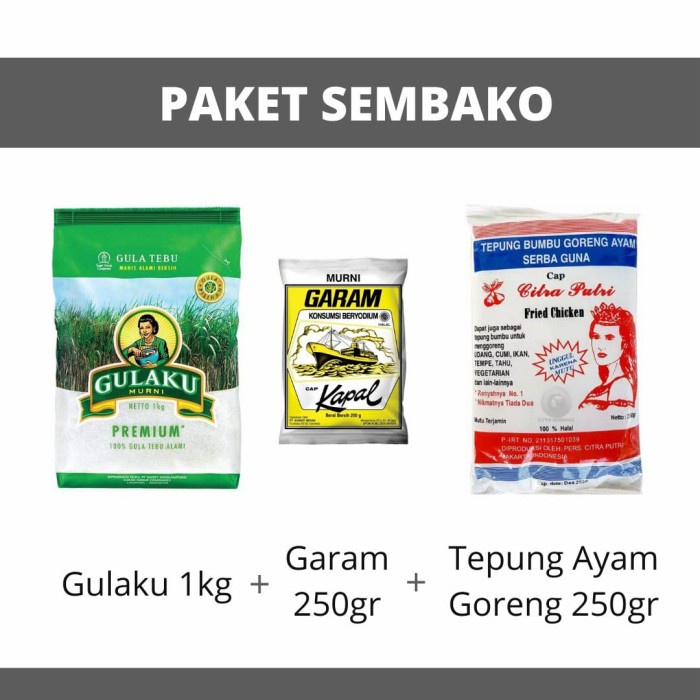 

paket gulaku 1kg + tepungcitra putri 250 gr + garam cap kapal api250gr
