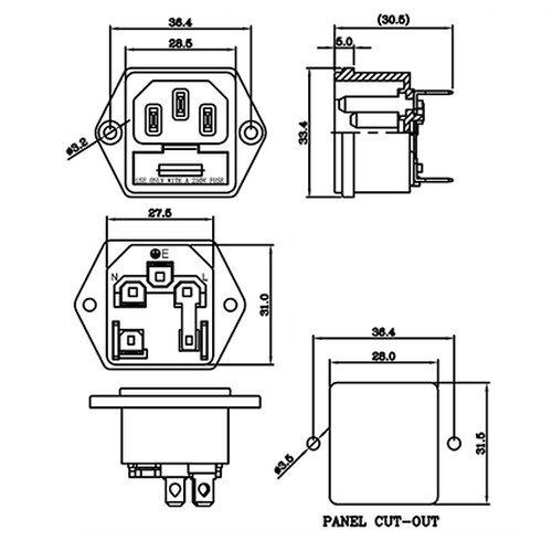 Socket AC IN Power Brass Foot with Fuse Holder Soket Outlet Power 3 Lubang Komputer Ampli Box Speaker Tanpa Fuse Kaca 10A BA-88C