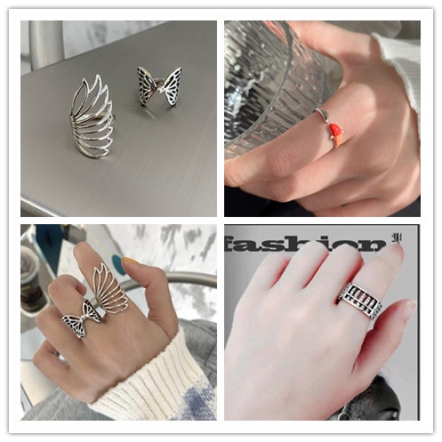 Cincin Model Terbuka Desain Kupu-Kupu hollow Gaya retro punk Untuk unisex