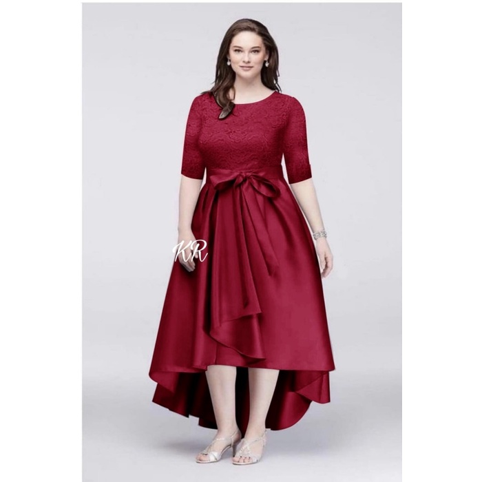 Midi Dress Brukat Baju Imlek Wanita Dres Cantik Pendek Tali Pinggang