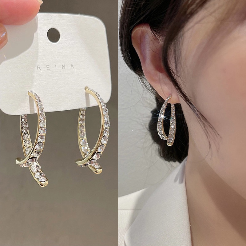 Anting Giwang Model Silang Dengan Kristal + Berlian Imitasi Untuk Wanita