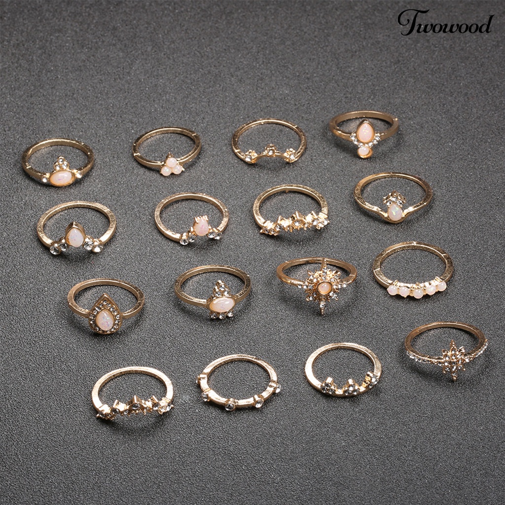 16pcs / Set Cincin Knuckle Bentuk Mahkota Aksen Berlian Imitasi Bahan Alloy Stackable Gaya Bohemia