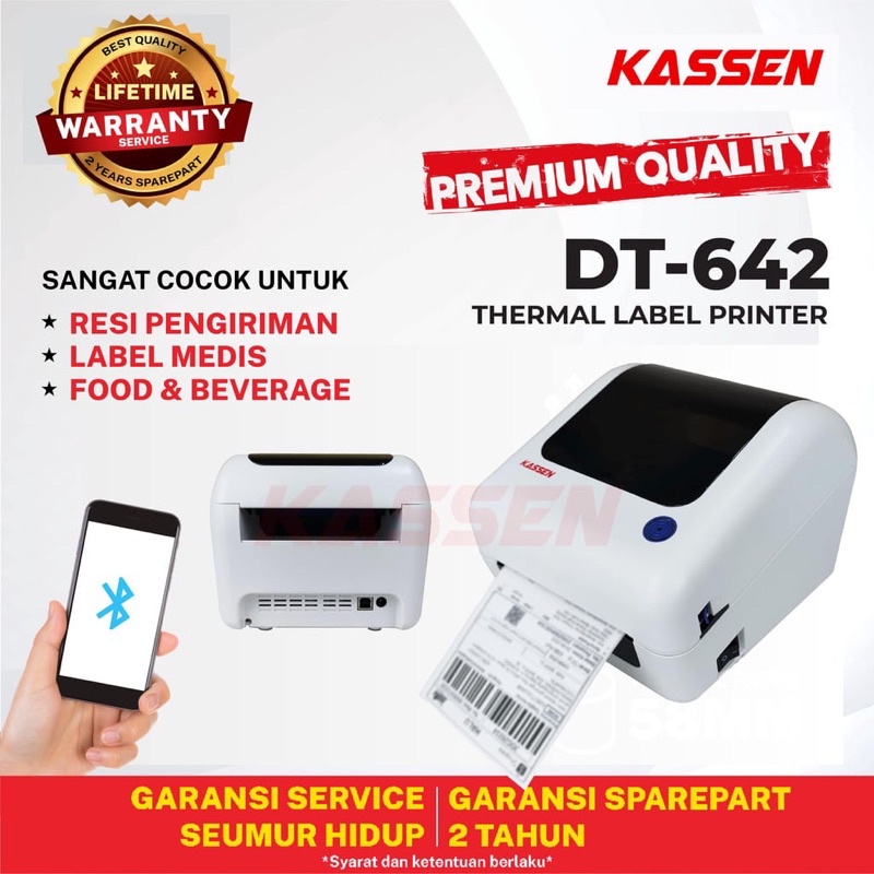 PRINTER LABEL BARCODE 100mm KASSEN DT-642 USB &amp; BLUETOOTH FREE HOLDER